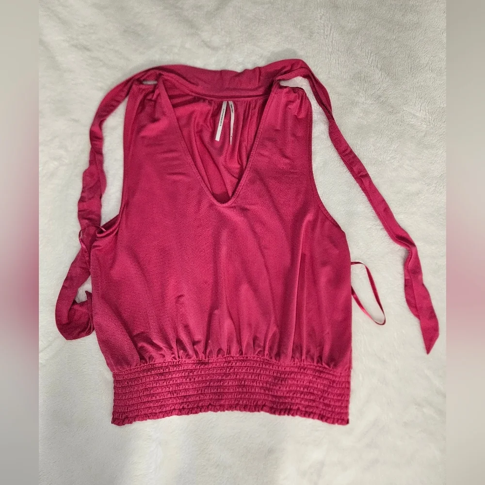 Anthropologie Ruffle Bow Tie Neck Rasberry Pink Sleeveless Blouse Size M - Picture 7 of 9